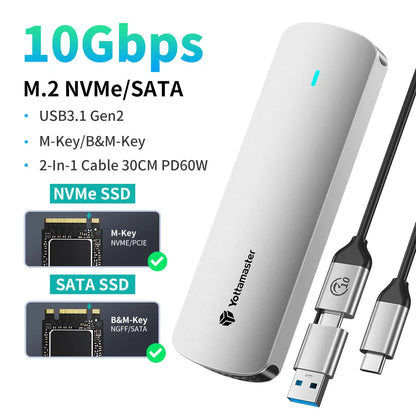 Yottamaster SATA M.2 NVMe SSD Enclosure Dual Portocol NVMe to USB Adapter USB 3.1 Gen2 USB C External Case Box Aluminum alloy