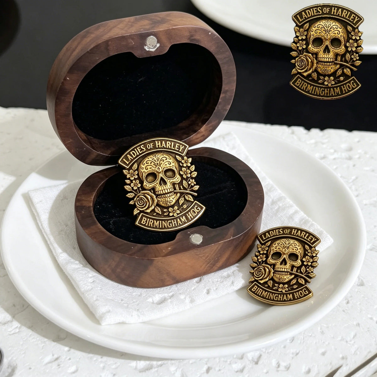 Custom Logo Metal Badge Personalized Vintage Gothic Pin Stainless Steel Jewelry for Motorcycle Club Women Gifts