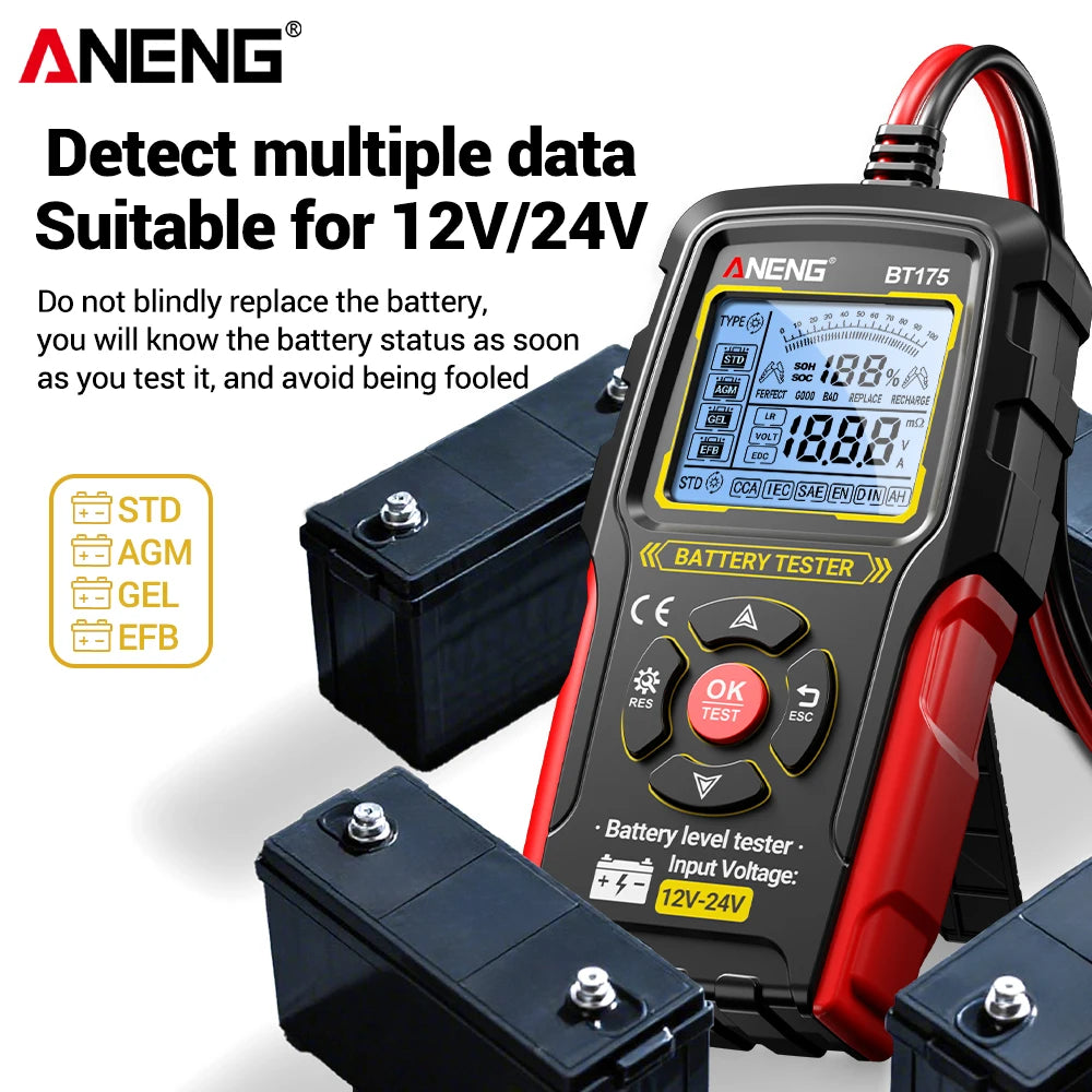 12V 24V Digital Car Battery Tester Alternator Automotive Analyzer Display Screen ANENG BT175 With Insulated Alligator Clip Tools