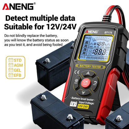 12V 24V Digital Car Battery Tester Alternator Automotive Analyzer Display Screen ANENG BT175 With Insulated Alligator Clip Tools