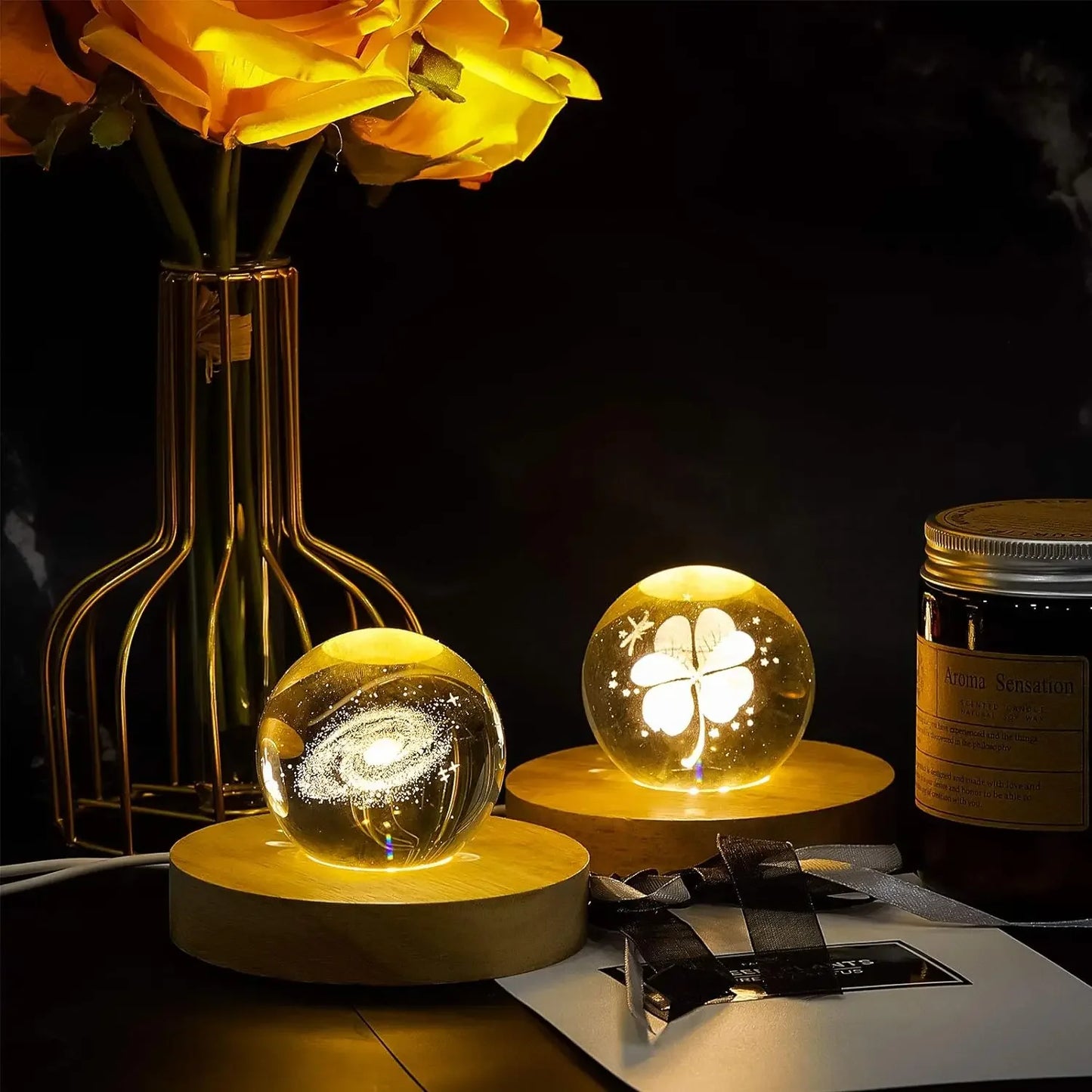 5-8cm Solid Wood LED USB Lamp Holder Display Base Night Light Luminous Bottle Coasters Crystal Ball Glass Ornament Stand Decor