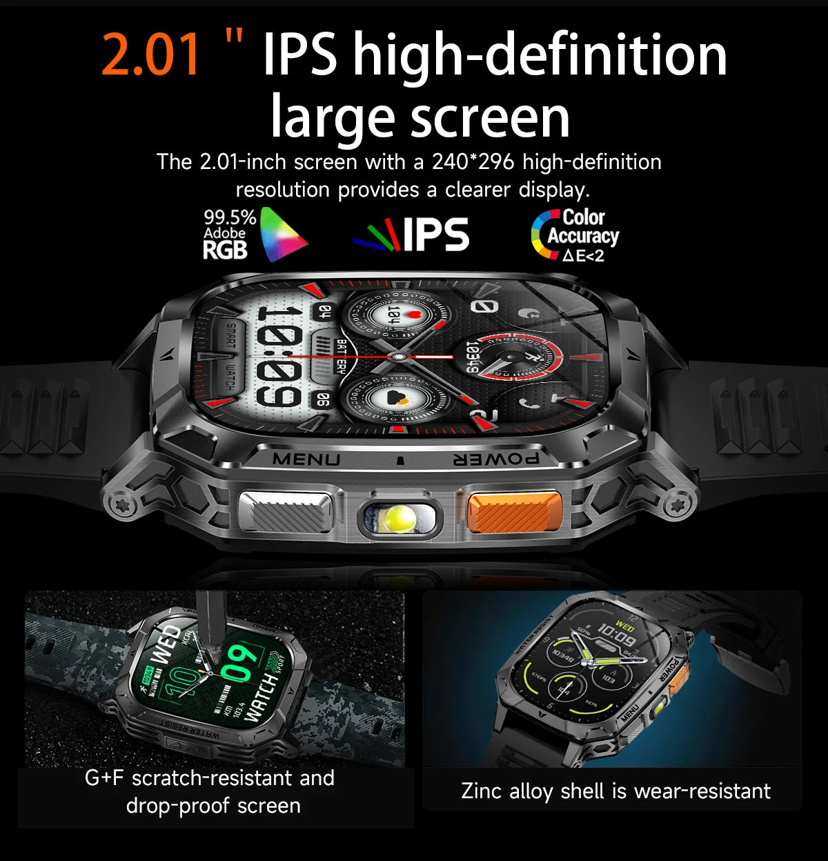 LIGE Military 1400mAh Smart Watch For Men 2.01" HD Screen Waterproof 100+Sports Mode LED Flashlight Smartwatch For Android iOS