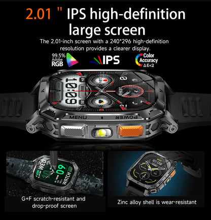 LIGE Military 1400mAh Smart Watch For Men 2.01" HD Screen Waterproof 100+Sports Mode LED Flashlight Smartwatch For Android iOS