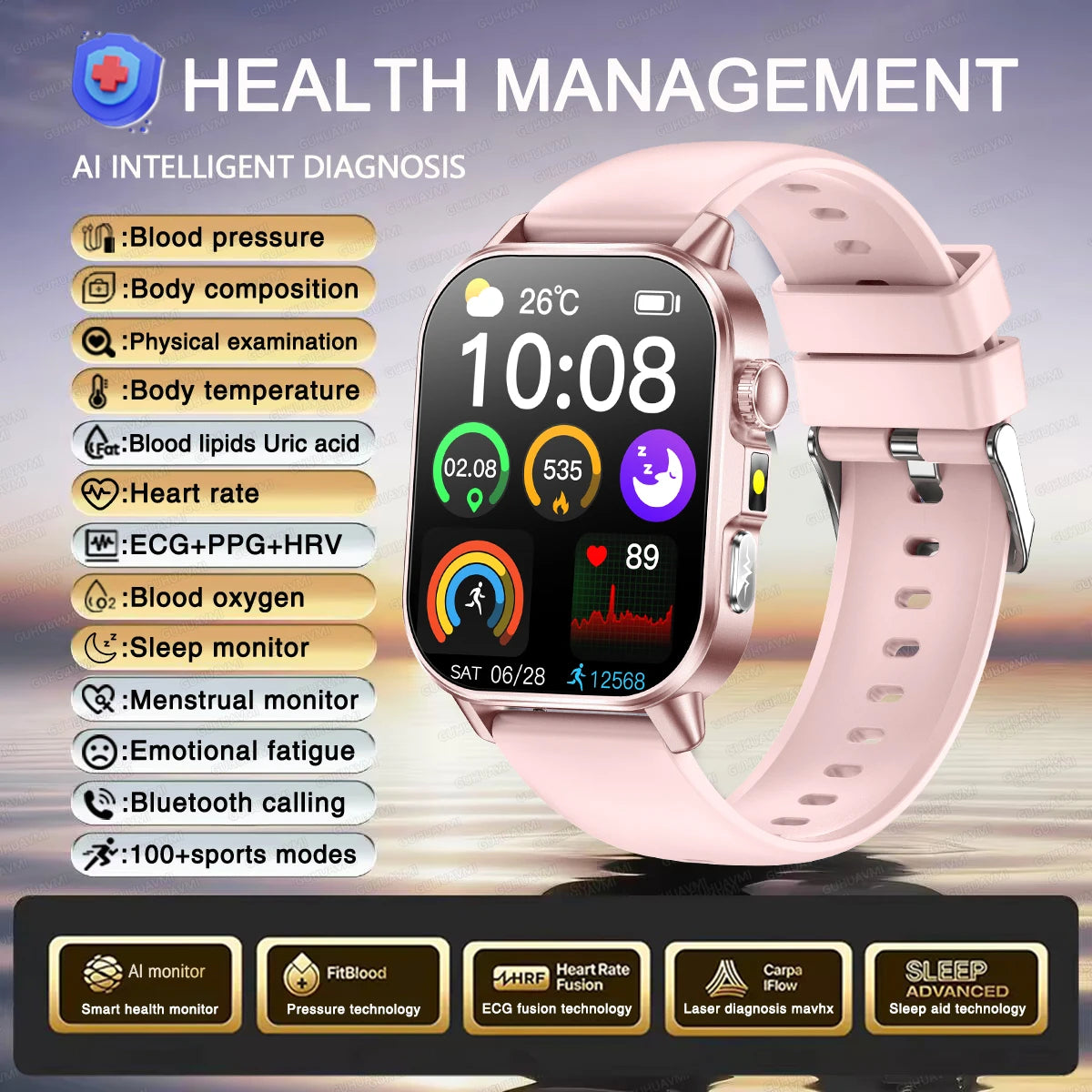 2026 New Accurate Diagnosis Smart Watch ECG Blood oxygen BP Uric acid Lipids Health HD AMOLED Screen call Smart watch Men Women