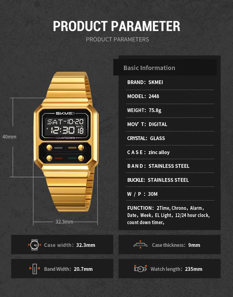 SKMEI 2448 Fashion Men Electronic Watch Vintage Business Luminous Calendar Waterproof Steel Strap Casual Digital Watches for Man