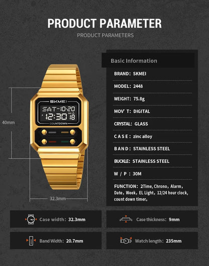 SKMEI 2448 Fashion Men Electronic Watch Vintage Business Luminous Calendar Waterproof Steel Strap Casual Digital Watches for Man