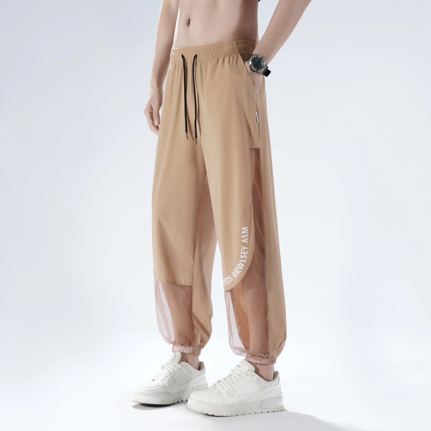 Breathable Mesh Men's Ice Silk Anti-Mosquito Pants Loose Fit Elastic Waist Drawstring Quick Dry Summer Casual Sports Trousers St
