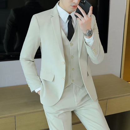 High-End Men's Wedding Suit 3-Piece Set Handsome Banquet Smart Casual Fashionable Three-Quarter Length Vest Trousers Four Season