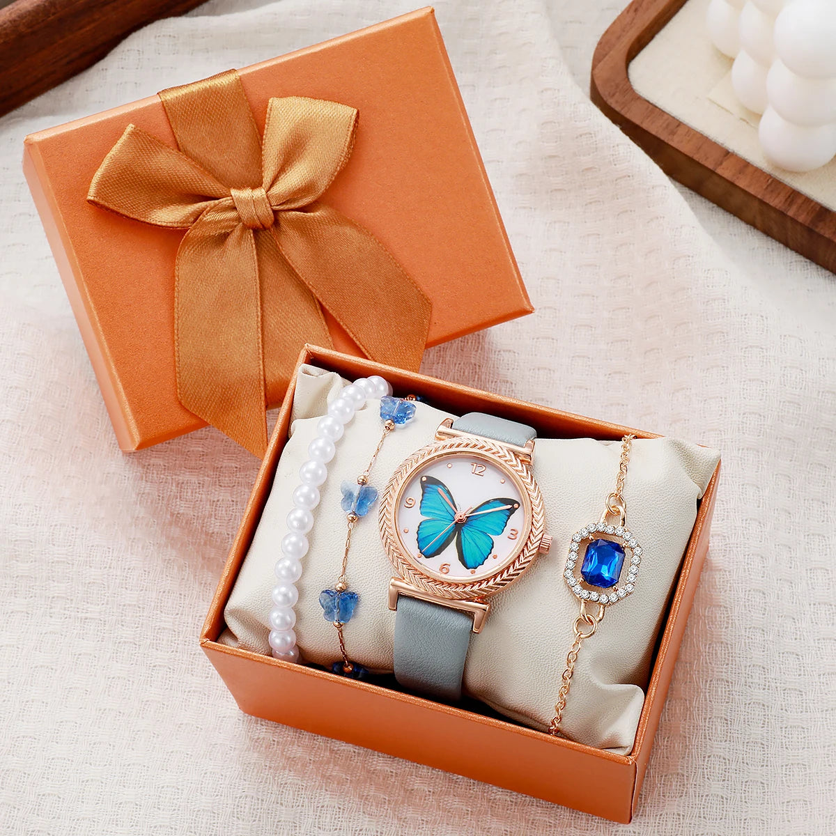 Dreamy Blue Butterfly Watch Jewelry Set | Grey Leather Strap | Pearl & Crystal Accents | 3-Piece Gift Set for Women
