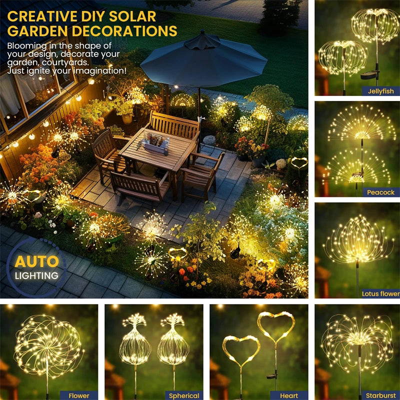 Solar Firework Light 90-200LED Outdoor Garden Decor Waterproof Auto On/Off Energy Saving Easy Installation Party Wedding Decor