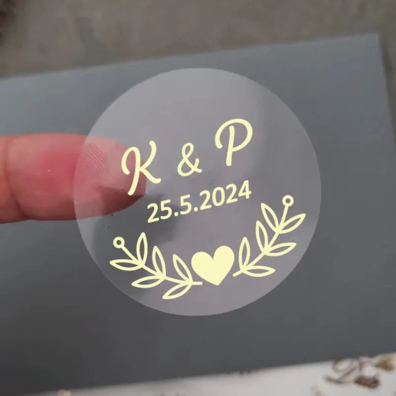 50pcs Custom Transparent Wedding Stickers, Square Transparent Stickers, Personalized Wedding Stickers with Gold Foil Labels