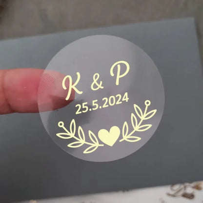 50pcs Custom Transparent Wedding Stickers, Square Transparent Stickers, Personalized Wedding Stickers with Gold Foil Labels