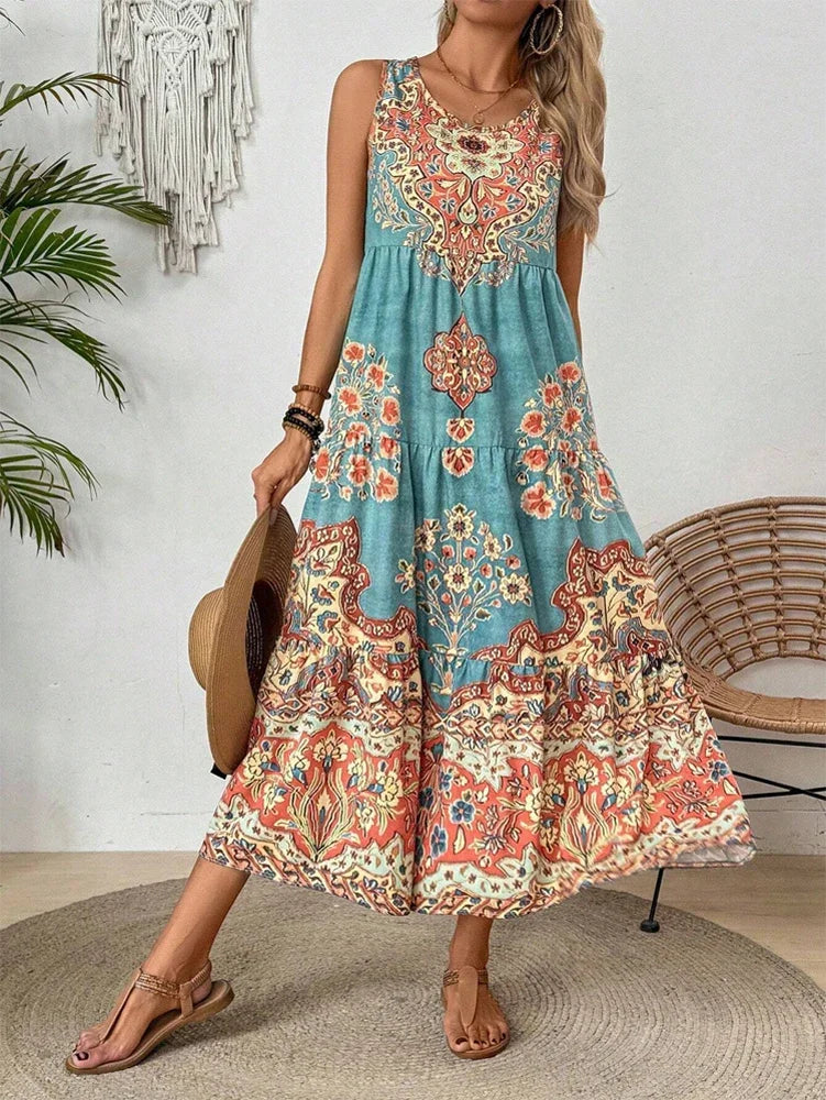 Holidaya Ladies Summer Floral Print Round Neck Sleeveless Dress For Casual Or Vacation Maxi Vacation Beach Outfits Women
