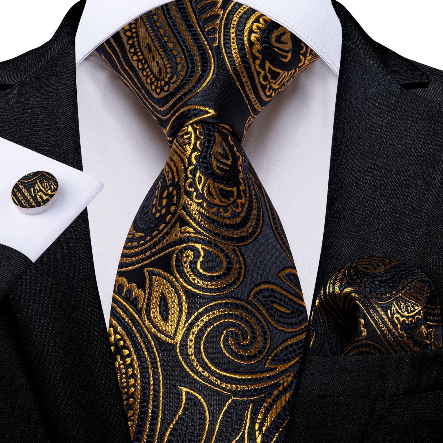 Luxury Black Gold Paisley Striped Floral Silk Men's Tie Set Handkerchief Cufflinks Wedding Party Accessories Groom Gift for Men