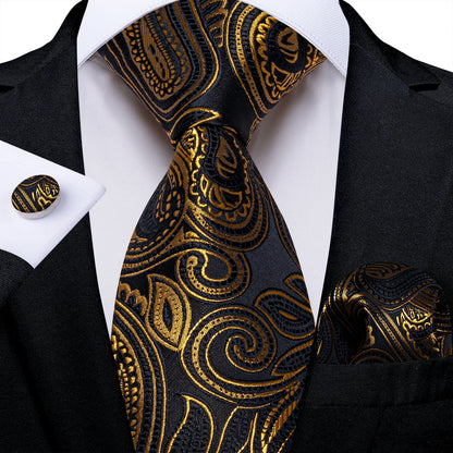 Luxury Black Gold Paisley Striped Floral Silk Men's Tie Set Handkerchief Cufflinks Wedding Party Accessories Groom Gift for Men