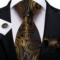 Luxury Black Gold Paisley Striped Floral Silk Men's Tie Set Handkerchief Cufflinks Wedding Party Accessories Groom Gift for Men