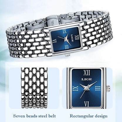 LIGE New Design Ladies Watch Fashion Quartz Wristwatch Silver Simple Square Women Watches Luxury Stainless Steel Folding Clock