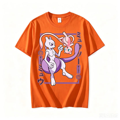 Pokémon Mewtwo Mew Printed Pure Cotton T-shirt for Men and Women Spring/Summer New Collection Fashion Short Sleeved Shirt