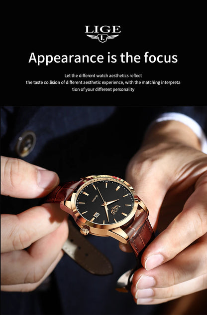 LIGE Military Watch For Men Fashion Business Watch Men Casual Leather Sport Waterproof Men's Quartz Wristwatches Reloj Hombre