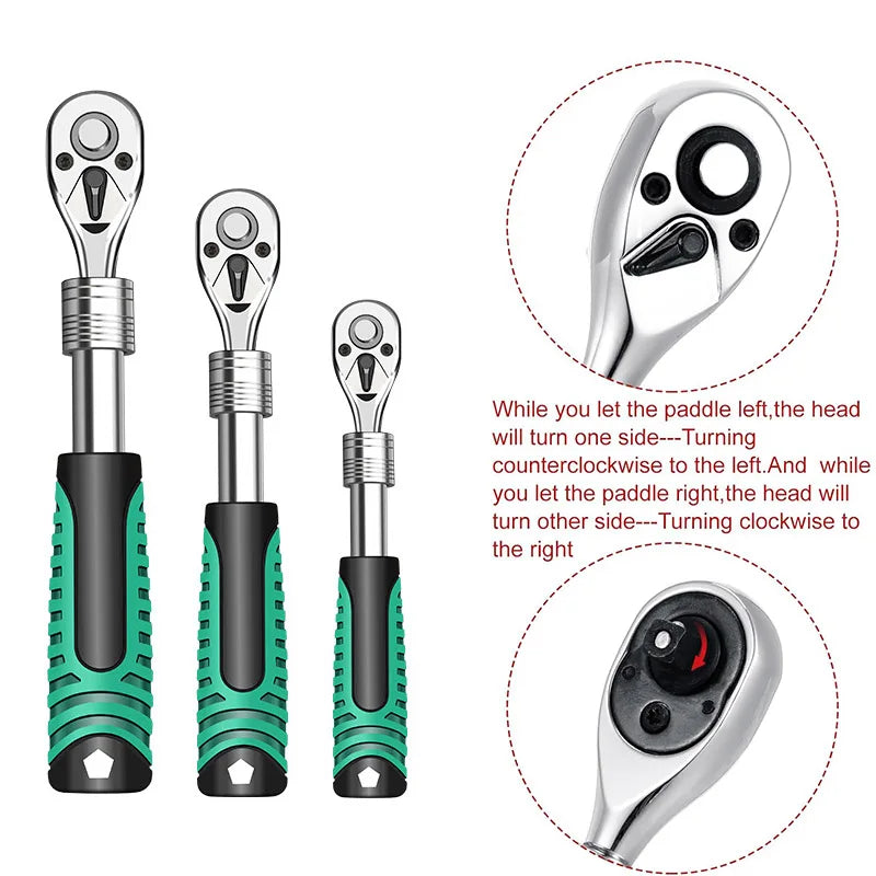 Retractable Ratchet Set 1/4 3/8 1/2 Inch Drive Rotating Ratchet Reversible Drive 72 Tooth Socket Wrench Mechanical Tool