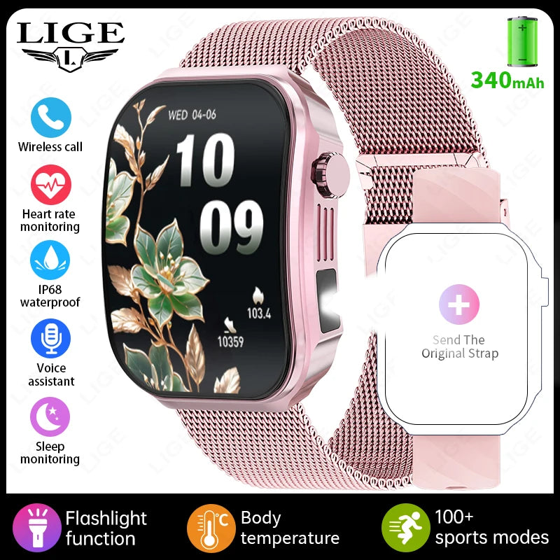 LIGE Nowy smartwatch z zakrzywionym ekranem 3D o przekątnej 2,2 cala z podświetleniem LED, termometrem, monitorem zdrowia, połączeniami BT i funkcjami sportowo-fitnessowymi