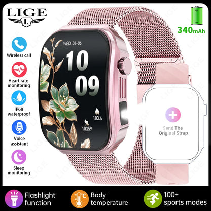 LIGE Nowy smartwatch z zakrzywionym ekranem 3D o przekątnej 2,2 cala z podświetleniem LED, termometrem, monitorem zdrowia, połączeniami BT i funkcjami sportowo-fitnessowymi