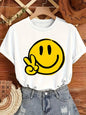 Women's Geometric Joyful Face Smile Print T-Shirt Casual Short Sleeve Crew Neck Top Comfort Summer Woman Clothing