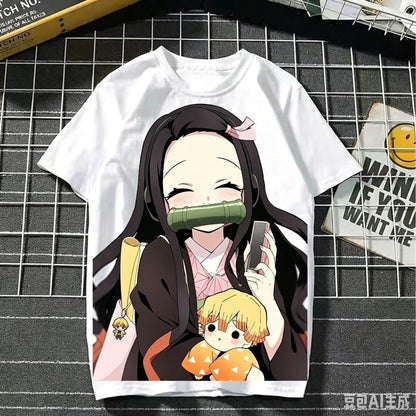 2026 Summer Demon Slayer Nezuko Cherry Blossom Butterfly Print Cotton T-Shirt Adult Kids Casual Loose Breathable Anime Tops Y2k