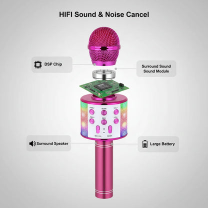 Handheld Bluetooth Microphone Speaker, 5 Voice Changer (Kid/Male/Female/Electronic), HIFI Sound, LED Light,  Portable KTV
