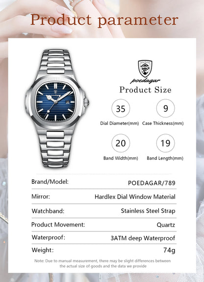 POEDAGAR Luxury Woman’s Quartz Watch Date Waterproof Luminous Ladies Wristwatch Stainless Steel Fashion Watches For Women casual