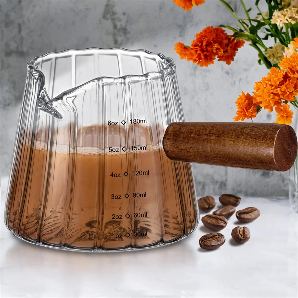 1/2pcs Coffee Cup with Wood Handle 180ml Clear Scale Espresso Shot Glass with V-Shaped Mouth Single Milk Frother Measuring Cup