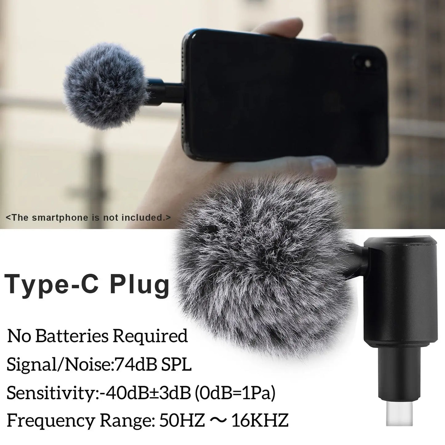 Plug-in Smartphone Microphone Mobile Phone Mic Cardioid Pickup Type-C Plug 90° Angle  with 2pcs Windscreen for Sm