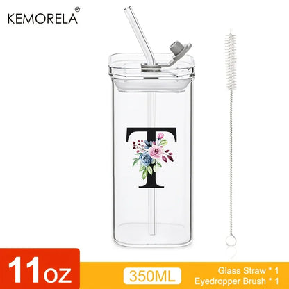 1PCS 24 Letter-Shaped Glass Tumblers with Lid And Straw Coffee Tumbler 300ML Clear Square Drinking Tumbler For Coffee Beer Milk