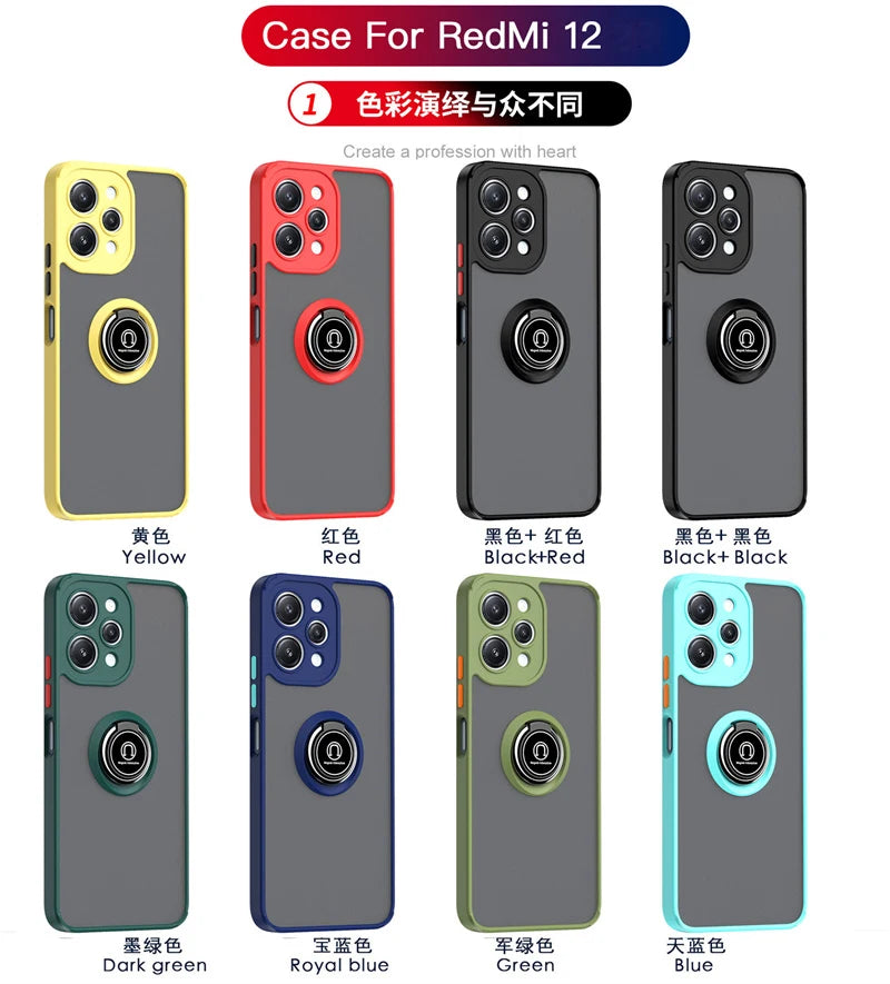 Matte Armor Hard PC Case For Xiaomi Redmi 12 4G 5G Car Magnetic Holder Ring Kickstand Phone Cover for Redmi12 Shockproof Funda