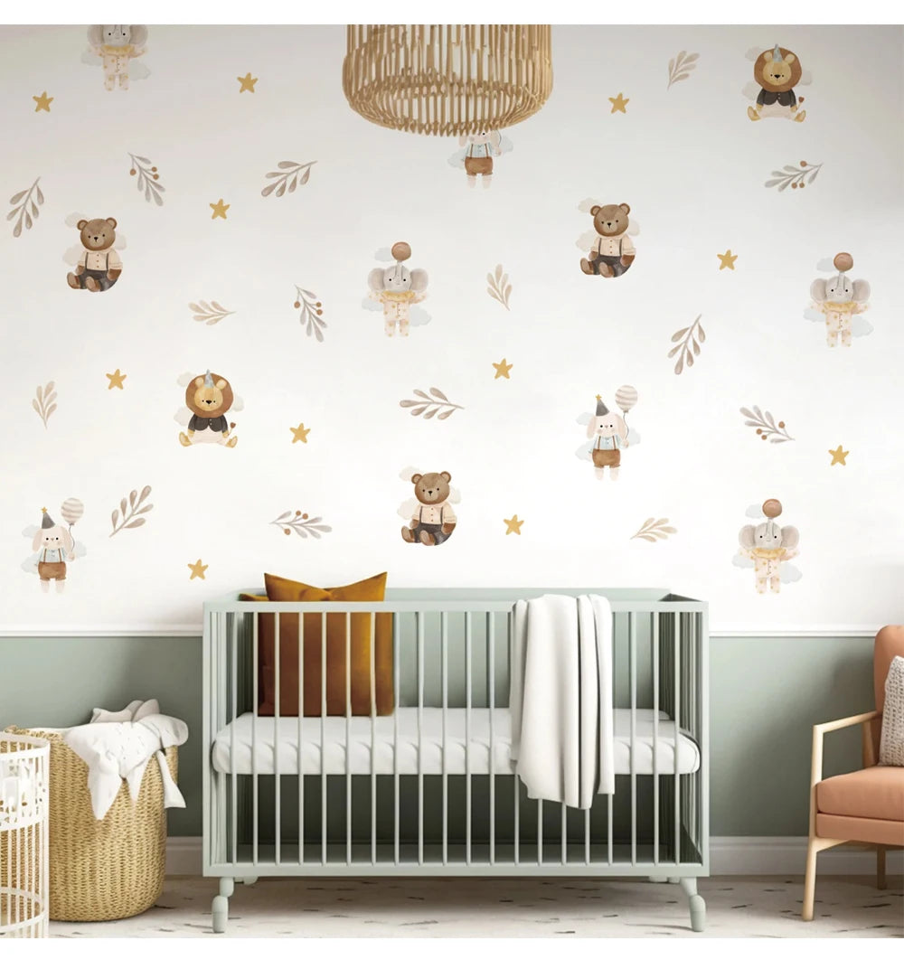 Boho Cute Cartoon Animal Elephant Lion Star Dreamy Wallpaper Stickers For Baby Girl Room Wall Decals Interior Playful Room Decor