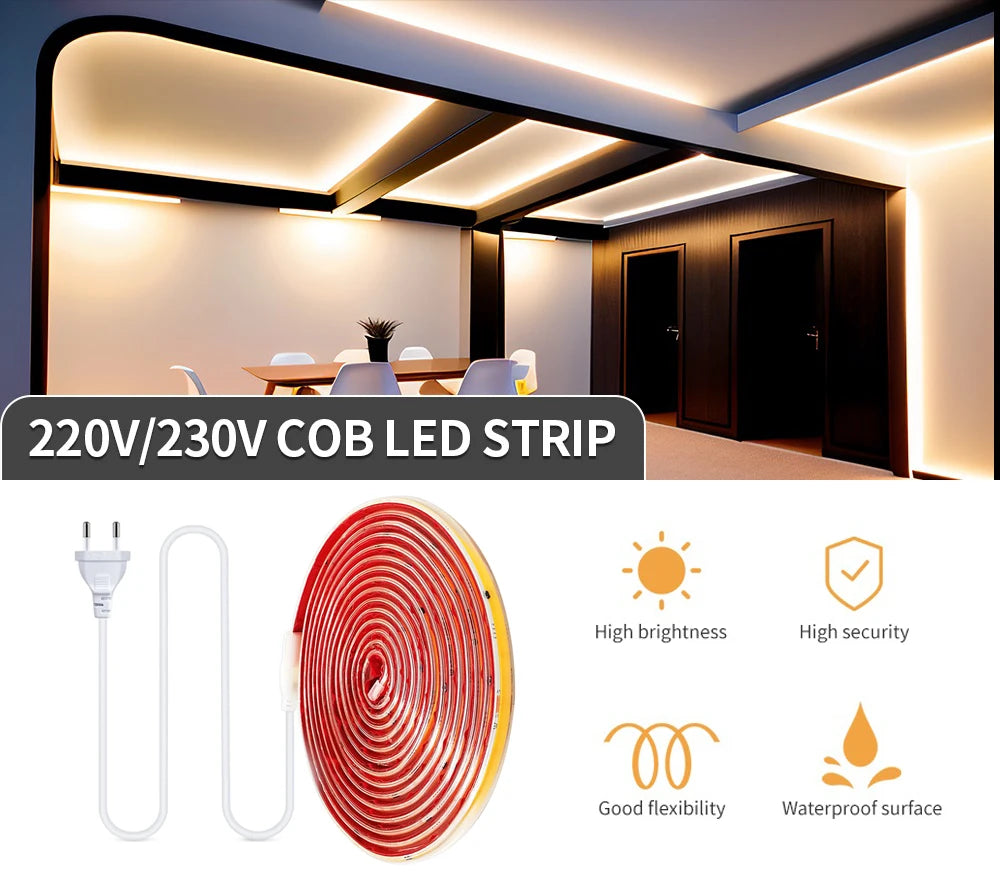 220V COB LED Strip Light 296 LEDs/m High Brightness Waterproof Flexible LED Tape Ribbon for Room Kitchen Outdoor Lighting 230V