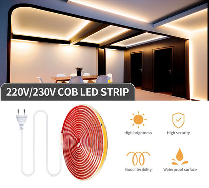 220V COB LED Strip Light 296 LEDs/m High Brightness Waterproof Flexible LED Tape Ribbon for Room Kitchen Outdoor Lighting 230V