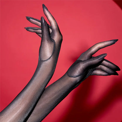 Sexy Women 1D Thin Glove Elastic Oil Glossy Shiny Long Finger Glove Sheer See Through Long Glove Driving Dance Gloves