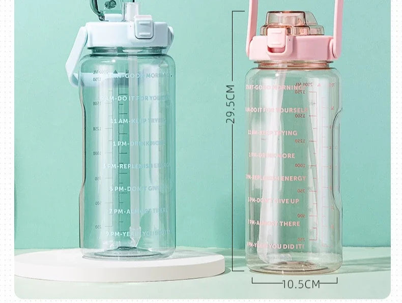 2L Water Bottle Portable Straw Plastic Water Cup for Outdoor Sports Fitness Adult High Value Big Fat Cup with Time Marker