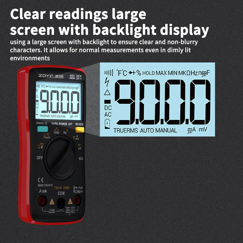 ZOYI 9999 Counts True RMS Digital Multimeter Auto Range Anti-Burn NCV AC DC Voltage Current Temperature Electrician Tester
