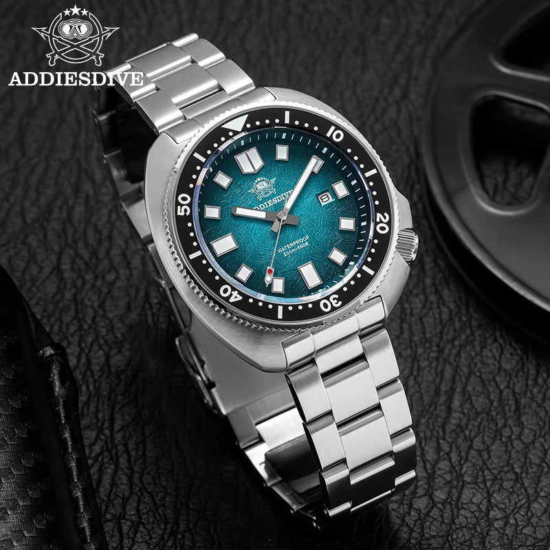 ADDIESDIVE New 43.8mm Watch for Men Dive AD2511 Luxury Sapphire Quartz Wristwatch 100m Waterproof Stainless Steel Luminous Watch