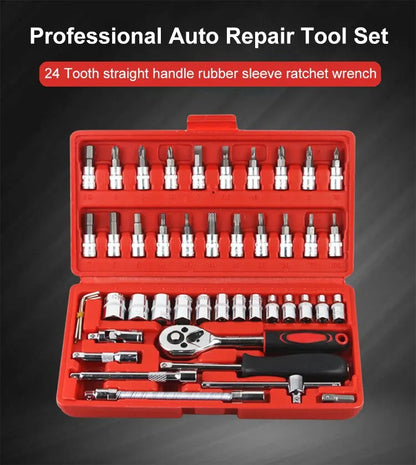 46pcs Drive Ratchet Torque Wrench Combo Auto Repairing Set Mechanic Tool Car Repair Tool Kit 1/4-Inch Socket Set Car Repair Tool