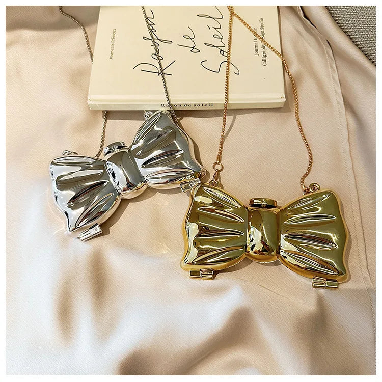 Luxury Designer Mini Bowknot Evening Bag for Women Girls Crossbody Handbag Chain Shoulder Bags Metal Purse for Party Wedding