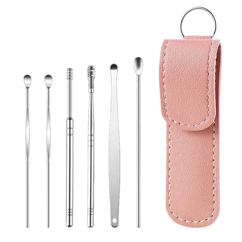 6Pcs/Set Stainless Steel Ear Cleaner Portable Ear Spoons Spiral Earwax Cleaning Removal Tools Reusable Earpick Beauty Accessory