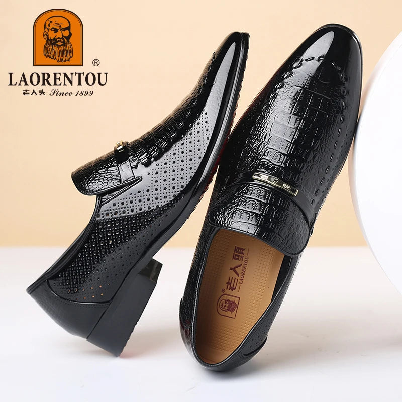 LAORENTOU true cowhide breathable perforated leather shoes with pointed tips, British business dress perforated leather sandals