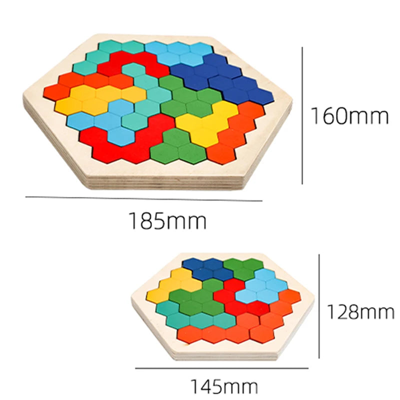 Wooden Hexagon Puzzle for Kid Shape Pattern Block Tangram Brain Teaser Toy Geometry Logic IQ Game Montessori Educational Gift