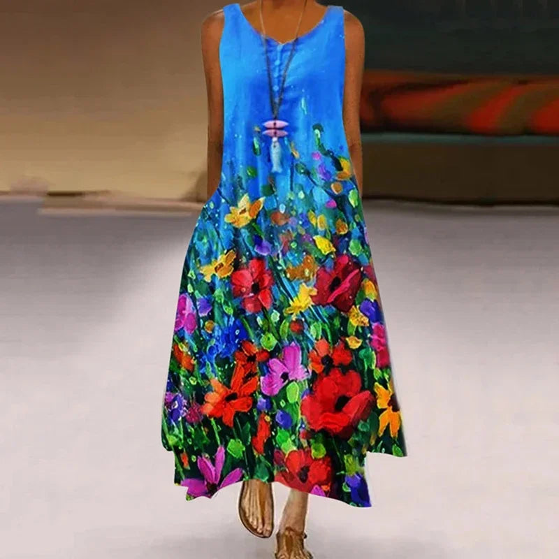 New Women's Fashion Casual Printed Dandelion Sleeveless Dress Summer Casual Printed Long Dress