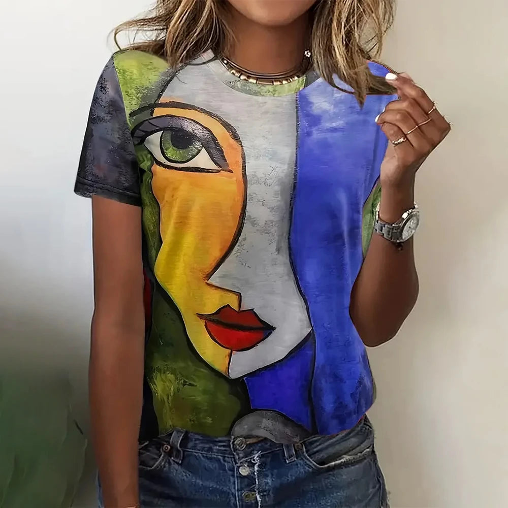 Summer Breathable Women's Fashion Short Sleeve T-Shirt Funny 3d Abstract Face Printed T-Shirts 2024 New Round Neck Tops Tees