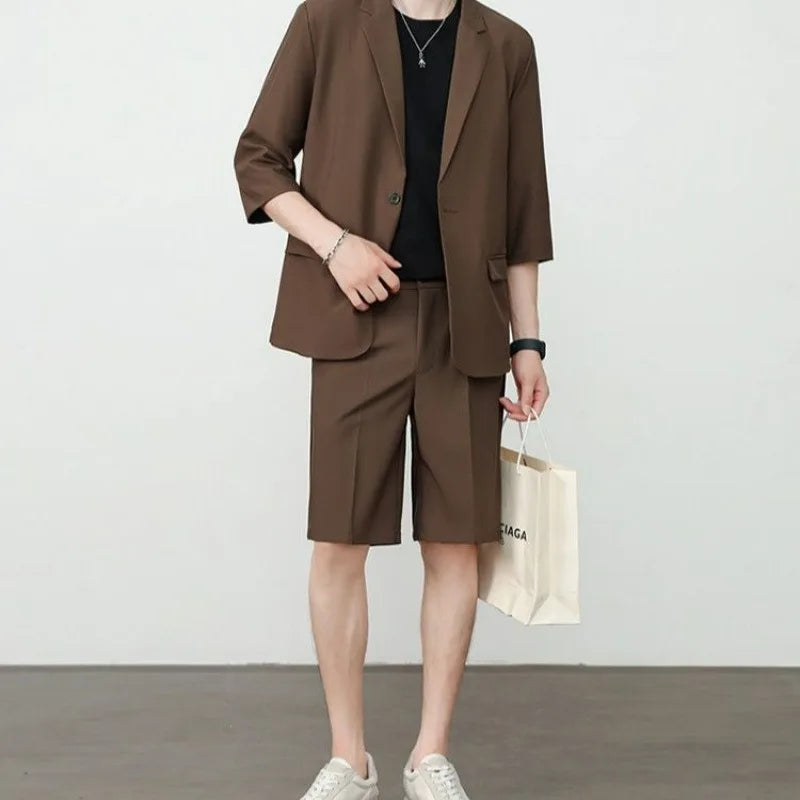 KIDWHXR Summer Men Outfit Thin Breathable Solid Color Male 2-piece Suit Set Loose Business Casual Man Short Sleeve Suits