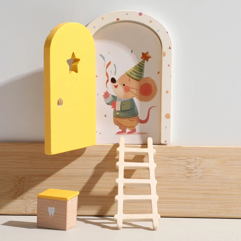 Wooden Elf Door Set Cartoon Room Decor Dollhouse Character Stickers Fairytale-Style Balcony Decor Hanging Ornaments Gift